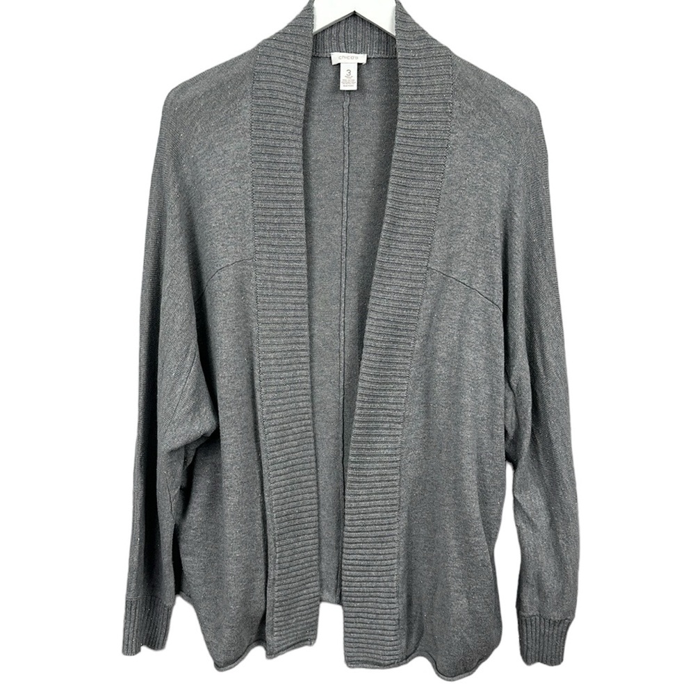 Chico’s Gray Silver Sparkle Open Front Sweater Cardigan Size XL